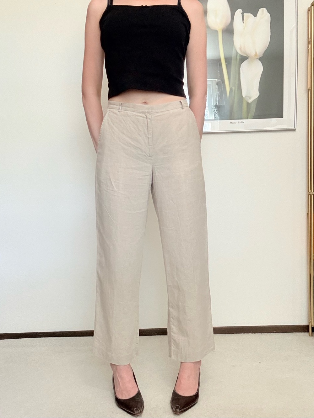 Vintage Ann Taylor Linen Mid Rise Wide Leg Trousers 90s Minimalist Classic